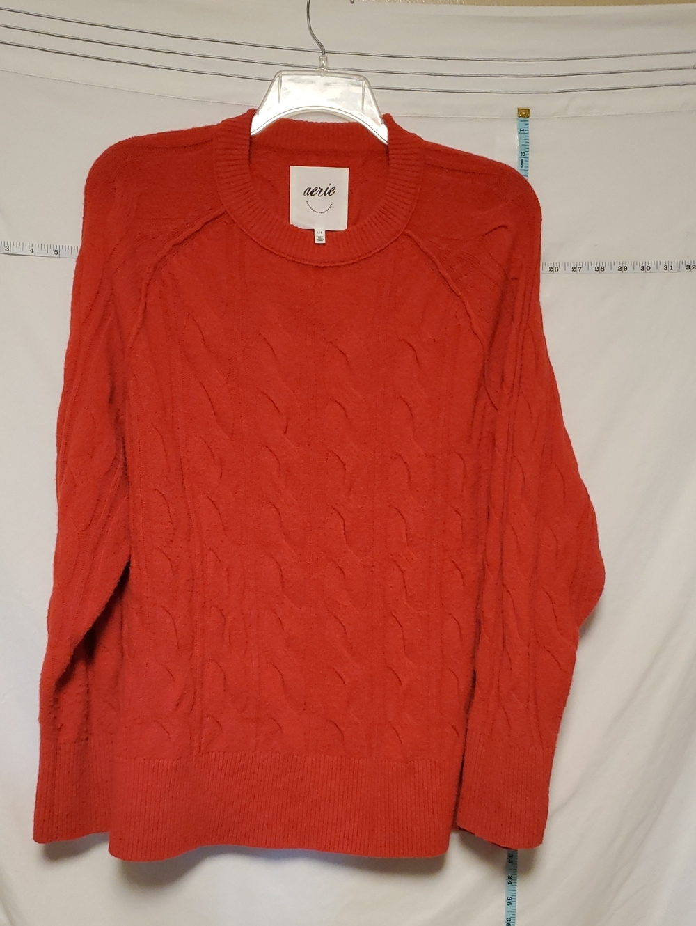 aerie Women's Tomato Red Cable Crewneck Sweater Lg Fisherman Cozy Classic